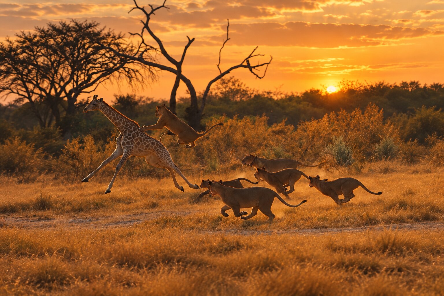 Un branco di leonesse insegue una giraffa al tramonto nella savana, polvere e luce dorata